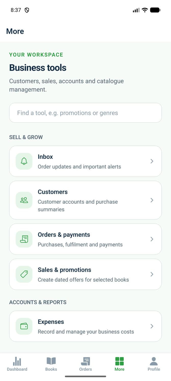 The business tools menu