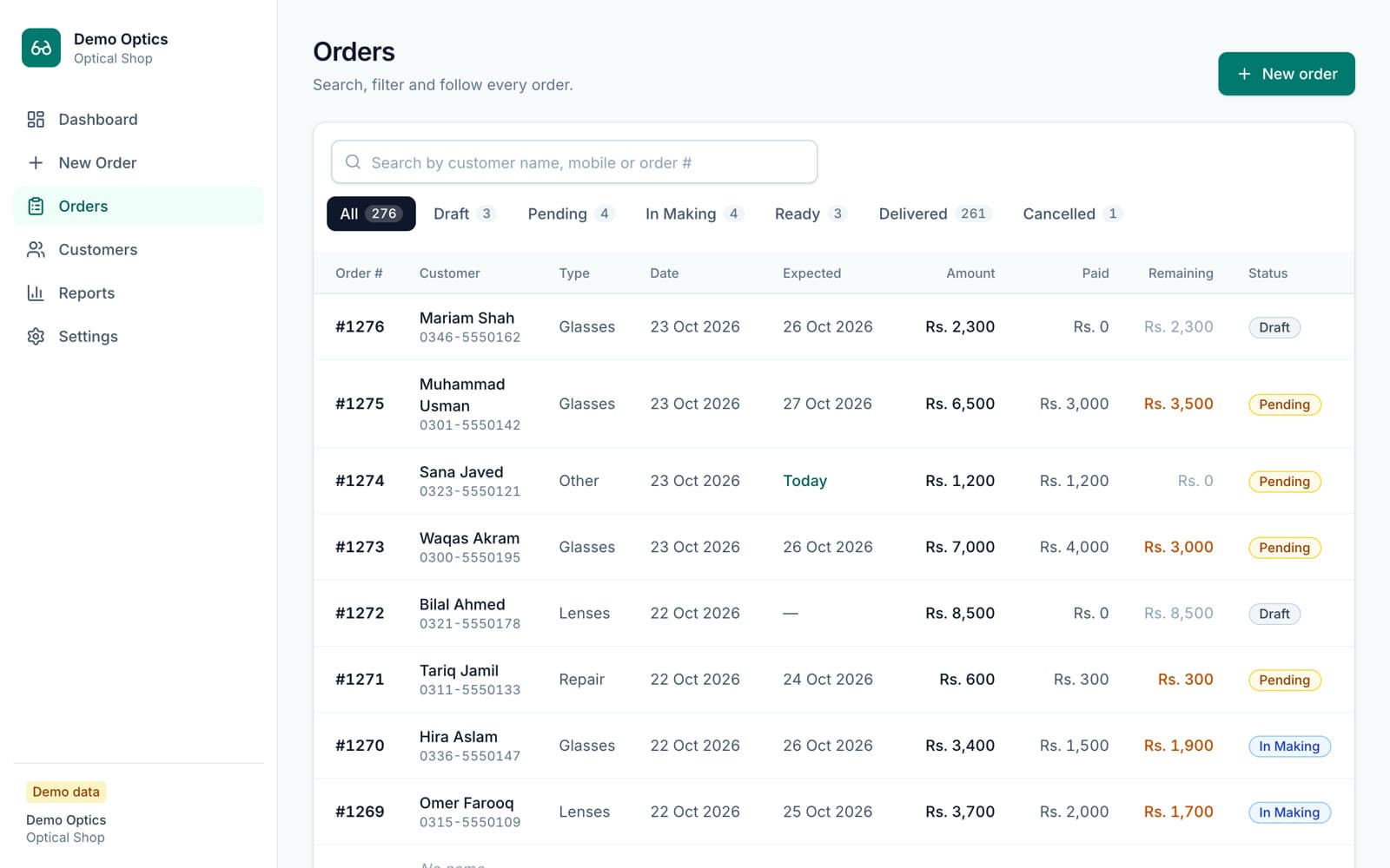 The orders list