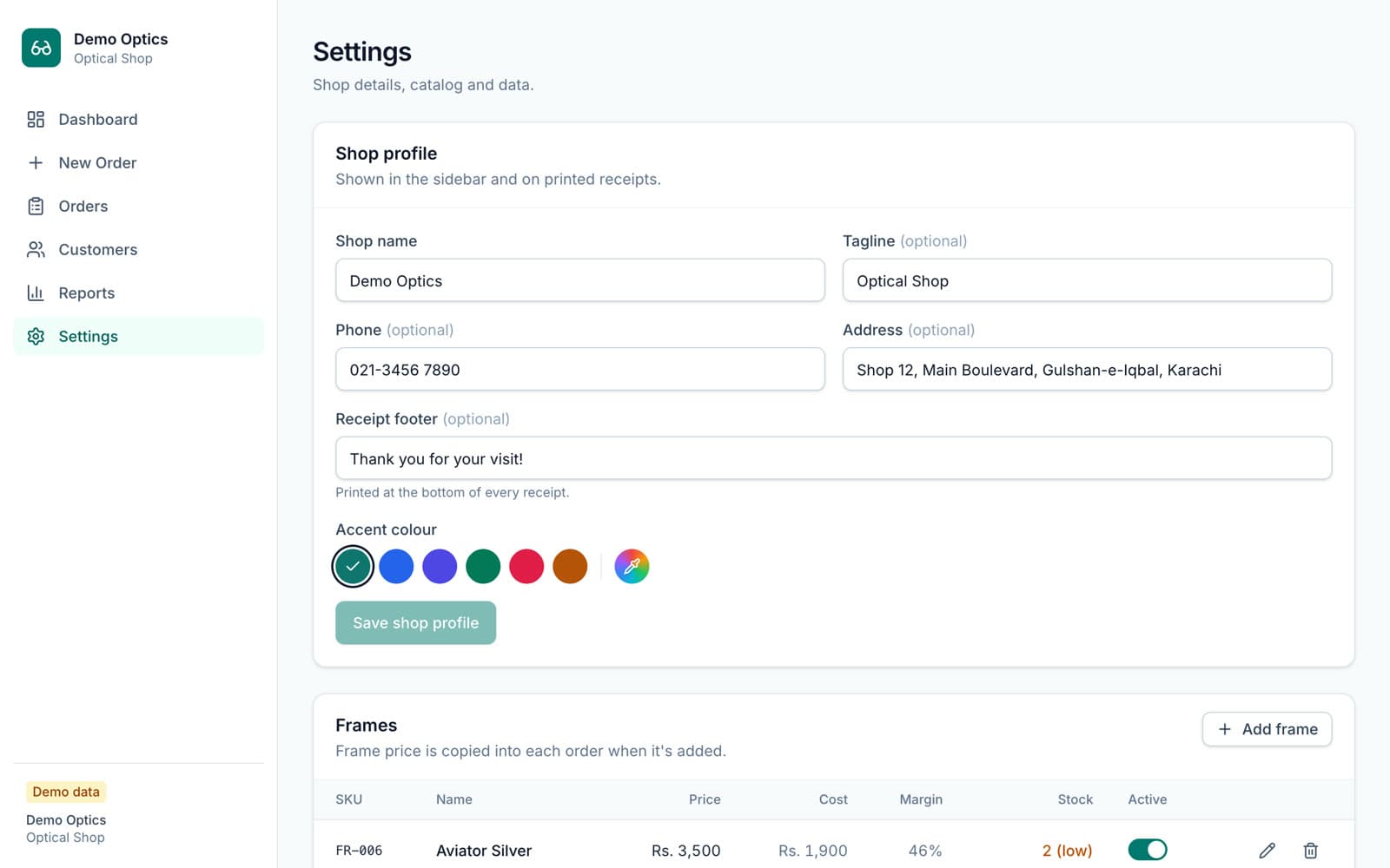 Shop settings and the frame catalogue