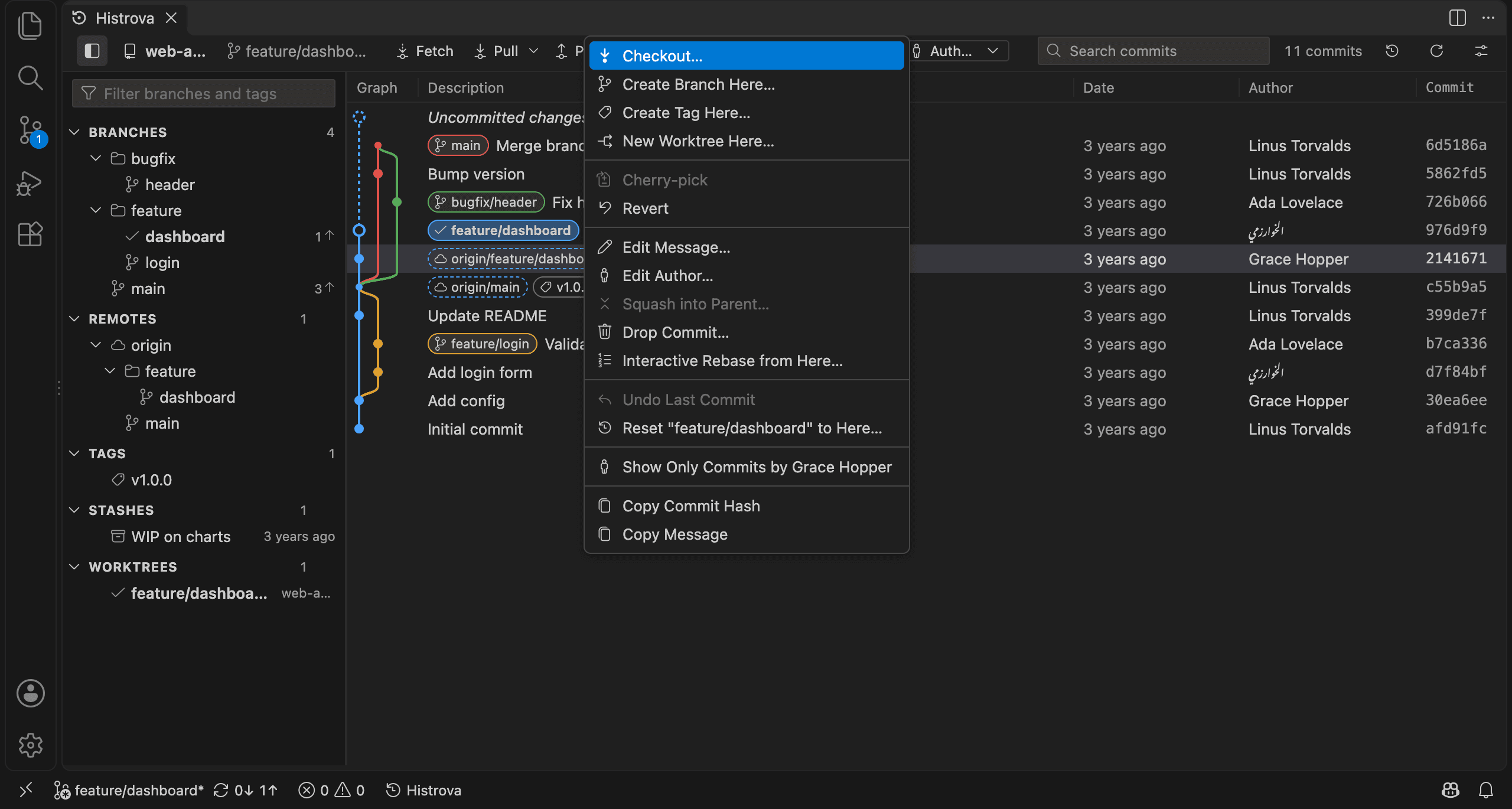 The right-click menu on a commit