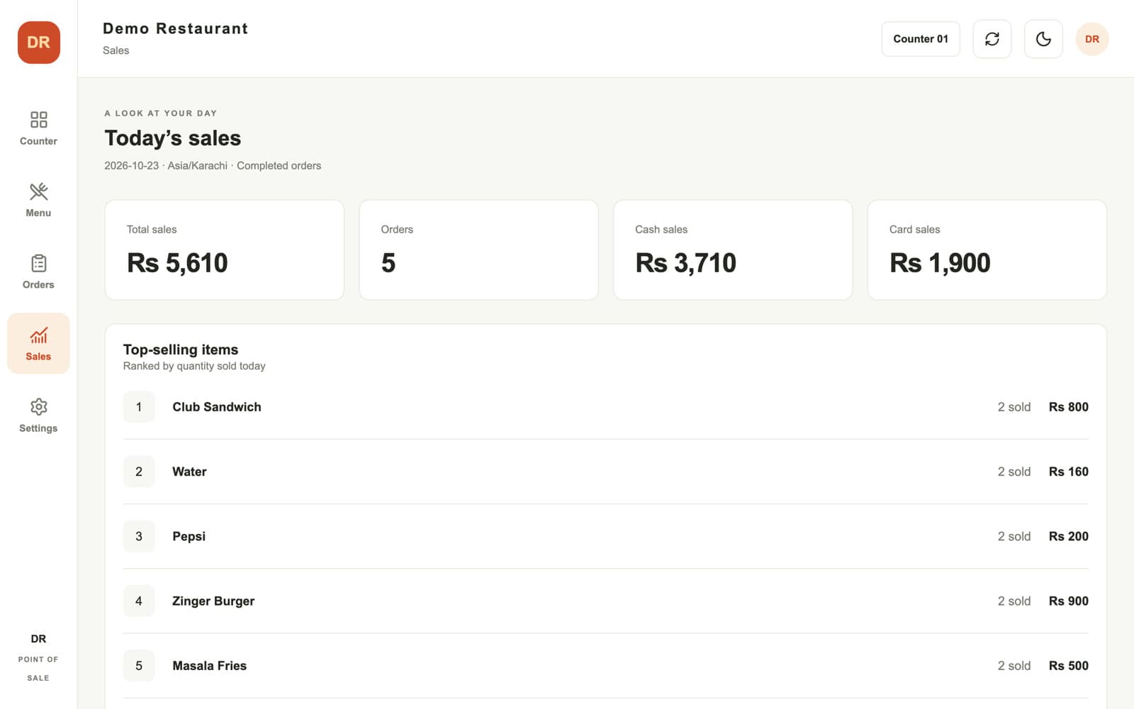 The daily sales screen
